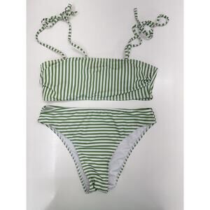 Shein Womens Swimsuit Size Medium Two Piece Bikini Green White Striped Padded